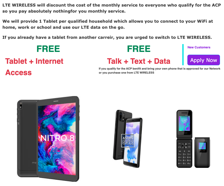 LTE Wireless ACP Free Tablet